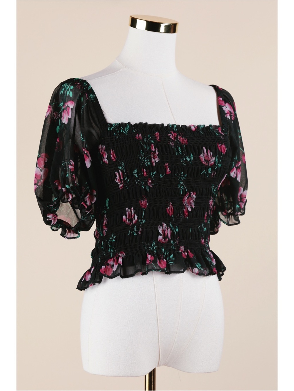Sz XS WAYF Whimsigoth Black Chiffon Floral Smocked Balloon Sleeve Crop Top EUC